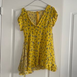 Short yellow blue poppy wrap dress